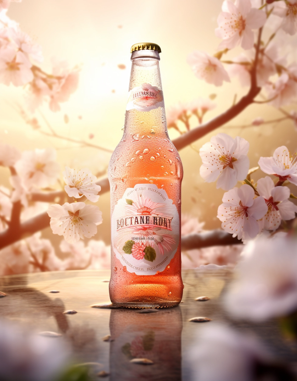 image publicitaire d'une boisson gazeuse avec en fond des cerisiers japonais