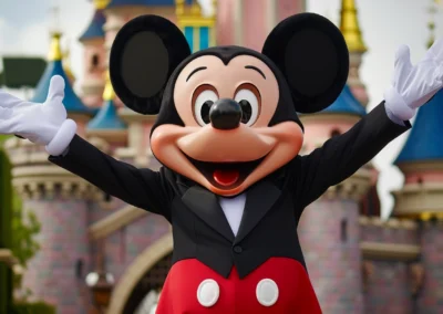 Mickey Mouse jumping forward and up close with open arms in front of Disneyland's Magic Kingdom in Paris, France