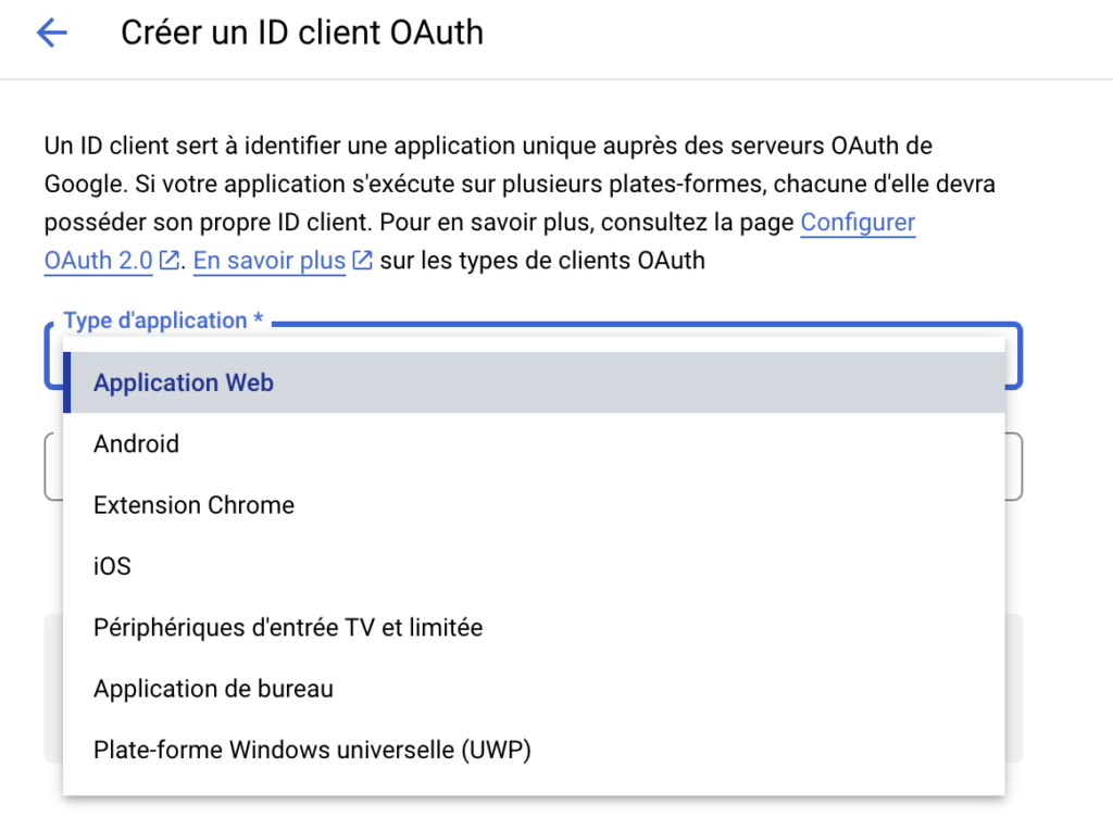 Type d'application OAuth Google Cloud